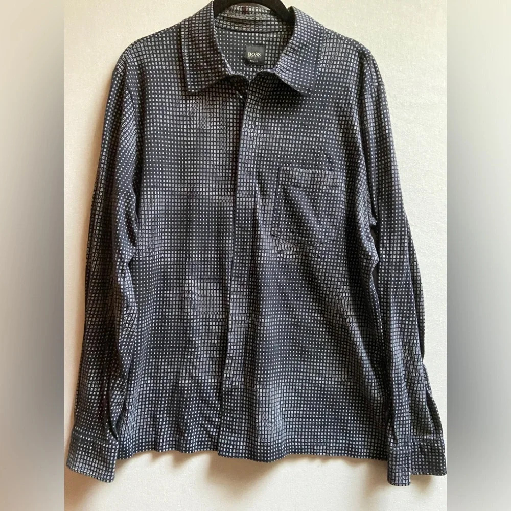Hugo Boss Mens Slim Fit Black Grey Micro Print Logo Button Down Shirt Size M